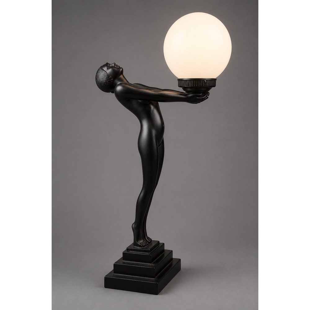 Vintage Art Deco MCM Black Nude Lady Erotica Sculpture Globe Table Lamp